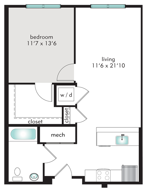 Floor plan for 1 bed, 1 bath, 705 sqft